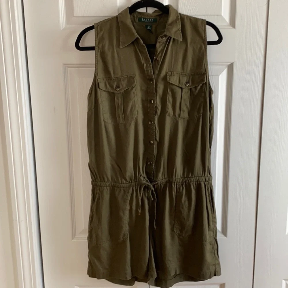 Ralph Lauren Army Green Linen Blend Shorts Romper Size 12 Petite - Picture 2 of 12